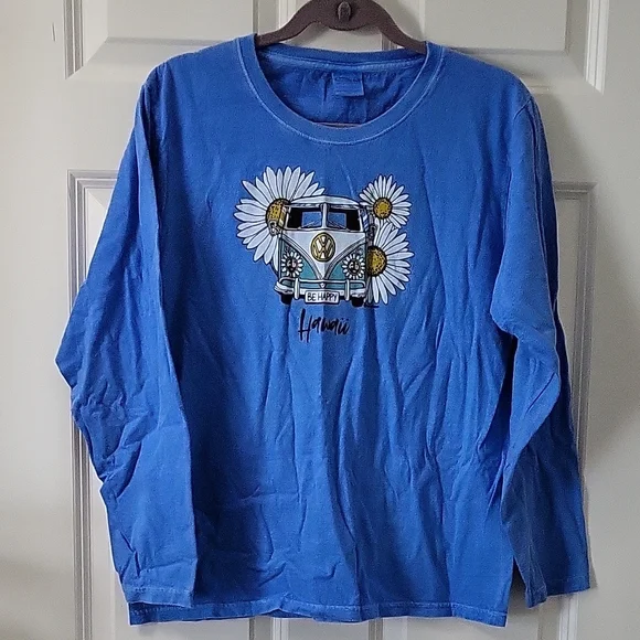 Crazy Shirts Hawaii Blue Long Sleeve Tee w/Floral Van Design Women Size Medium - Picture 1 of 6